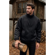 Ghassy Co. Erkek Pro Termal İç Dış Sherpa Sonbahar Kış Tam Fermuarlı Peluş Sweatshirt Siyah