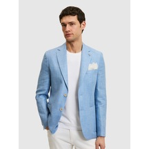Cacharel Mavi Slim Fit Yün Keten Karışımlı Mikro Desen Mono Yaka Ceket
