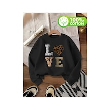 Herkesemoda Love Desen Detaylı Bisiklet Yaka İçi Polarlı Sweatshirt Siyah