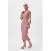 Neden Tekstil Modern Fit Sıfır Kol Yarım Balıkçı Yaka Triko Elbise - Pembe