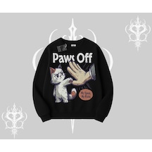 Procatstinator Kedi Baskılı Kapşonlu Crop Sweatshirt Beyaz