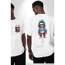 Hiphop Kurukafa Hoodie Beyaz Oversize Unisex Ön Ve Sırt Baskılı Tişört Beyaz