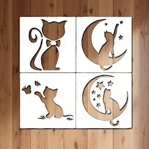 4 Adet Sevimli Kedi Şablonu, Yeniden Kullanılabilir, Duvar Boyama, Kumaş Boyama, Cam Sanatı