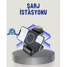 Kablosuz Şarj Cihazı Ve Dijital Saat 4 Ü 1 Arada Hızlı Şarj, Led Işıklı Tasarım Siyah
