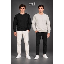 Erkek 2'li Bisiklet Yaka İçi Şardonlu 2 İplik Düz Uzun Kollu Regular Fit Sweatshirt - Siyah & Gri Çok Renkli