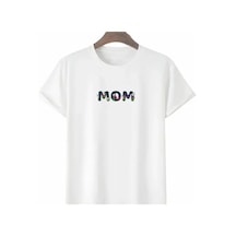 Hazego Anneler Günü Hediye Mom Çiçek Baskılı Oversize Bisiklet Yaka T-shirt - Beyaz