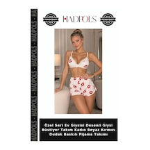 Hadpols Özel Seri Ev Giysisi Desenli Giysi Büstiyer Takım Kadın Beyaz Kırmızı Dudak Baskılı Pijama Takımı Beyaz - Kırmızı