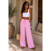 Hira Life Fashion Kadın Kumaşı Kabartma Detaylı Bol Paça Ve Önü Bağcıklı Salaş Burgu Şık Pantolon Pembe Pembe
