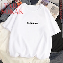 Tarzsokak Unisex Kadın/erkek Brooklyn Özel Renkli Oversize Bisiklet Yaka Pamuklu T-shirt Beyaz