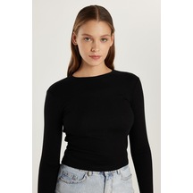 Tudors Kadın Modal Kumaş Slim Fit Dar Kesim Bisiklet Yaka Siyah Bluz-33447 Siyah