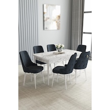 Zümra Serisi, Beyaz Mermer Desen 80x132 Açılabilir Mdf Mutfak Masası Takımı 6 Adet Sandalye Gri