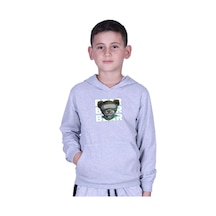 Fyk Kids Kapüşonlu Kanguru Cepli Bear Baskılı Erkek Çocuk Sweatshirt Gri