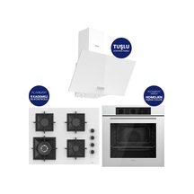 Flowart Turbolu QBL62CB - SC406 - D087 Beyaz 65 Cm Woklu Ocak Cam Ankastre Set