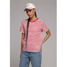 Colins Regular Fit Yuvarlak Yaka Çizgili Kadın Kirmizi Kısa Kol Tişört Cl1079954 Q1.v2 Red Kırmızı