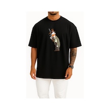 Bahriyeli Collection Oversize American Pekin Duck Mallard Bird, Gangster Göğüs Tasarımlı Unisex T-shirt Siyah