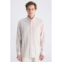D'S Damat Ds Damat Comfort Bej Çizgi Desenli Keten Karışımlı Gömlek 4hc02ky042652 Bej