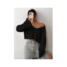 Samin Kadın Oversize V Yaka Triko Crop Kazak Siyah - 660238741 Siyah