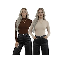Hashtag Kadın Balıkçı Yaka Uzun Kollu Body 2'li Set Viskon Kumaş Bej Kahverengi
