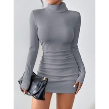 Defymoda Kadın Uzun Kollu Balıkçı Yaka Büzgü Detay Kaşkorse Kumaş Mini Elbise Gri