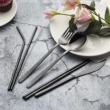 8 Parça Çantalı Yolculuk Çatal Bıçak Kaşık Pipet Chopstick Seti Kamp Okul Ofis Tatil Paslanmaz Çelik Siyah Abanoz
