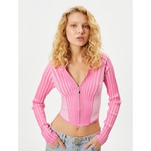 Koton Crop Kapşonlu Triko Hırka Fermuarlı Peluş Detaylı Dar Kalıp Pembe 4wal90005ıt 4WAL90005IT286 Gül