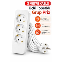 3 Metre Kablolu Topraklı Çocuk Korumalı Üçlü Priz Beyaz Renkli Güvenli Tasarım 3 M