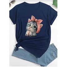 Kozia Outdoors Sevimli Kedi Baskılı Oversize Basic O Yaka Unisex T-şhirt Lacivert Lacivert
