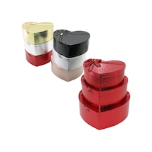 3pcs Kalp Parlak Mix Renkli - Kabartma Desen Karton Hediye Kutusu Kurdelalı 31x28-27x24-23x20cm 4801