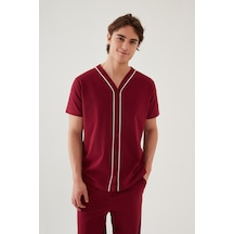 Erkek Kısa Kollu Pamuklu Gömlek Yaka Düğmeli Biyeli Pijama Takımı Ke30118 Bordo