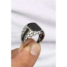 Oniks Taşlı Petek Desenli Gümüş Erkek Yüzük -8351 Gümüş