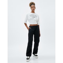 Koton Crop Kısa Kollu Tişört Bisiklet Yaka Baskılı Ekru 4wal10294ık Ekru