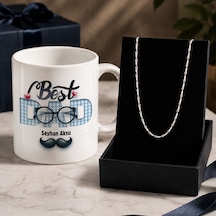Bk Gift Kişiye Özel Babalar Günü Tasarımlı Beyaz Kupa & Yaprak Model Zincir Kolye -7, Babalar Günü Hediyesi Gümüş