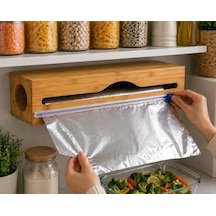 Doğal Bambu Streç Film Ve Alüminyum Folyo Dispenser Kesici Kutusu, Asılabilir Mutfak Düzenleyici Organizer, Pratik Kesim Ve Saklama Aparatı, Premium Dayanıklı Tasarım, 33,4 X 8 Cm Açık Bej