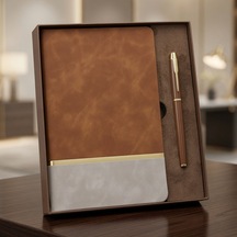 Kutulu Altın Şeritli Deri Defter Ve Kahverengi Metal Roller Kalem Set Arbltgs3kadzps9ıb4u