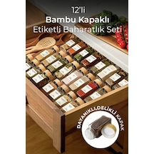 12 Li Bambu Kapaklı Kare Cam Baharatlık Takımı / 40 Adet Etiket Hediyeli / 12 Li Baharatlık Seti Şeffaf