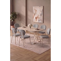 Hooli 90x168 Traverten Mdf Masa, Metal X Ayak, Metal Sandalye, 6 Kişilik Mutfak Masası Takımı Ve Yemek Masası Takımı Gri