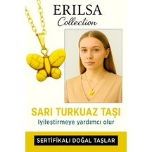 Erilsa Sertifikalı Sarı Renkli Kelebek Model Sarı Turkuaz Taşı Kolye E Çok Renkli