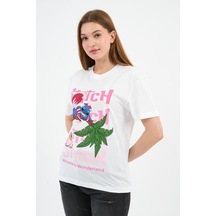 Bisiklet Yaka Baskılı Pamuklu T-shirt B23-ts Beyaz