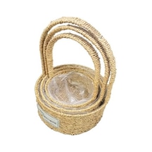 Yuvarlak Doğal Hasır Sepet Seti - 3'lü Çok Renkli