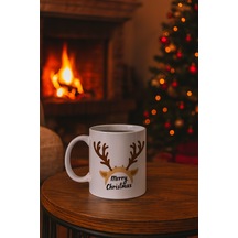 Bezos Merry Christmas Geyik Boynuzu Tasarımlı Kupa Model 235 Yılbaşı Temalı Seramik Kahve Kupası Dlra Çok Renkli