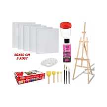 5 Adet 50x50 Cm Tuval Ve Büyük Boy Şovale Akrilik Boya Seti Palet Fırça Vernik Vs