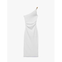 Koton Koton X Sibil Çetinkaya - Bürümcük Kumaş Asimetrik Yaka Aksesuarlı Tek Omuz Bodycon Elbise Kırık Beyaz 6sak80113uk Ekru