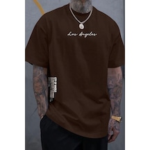 Uyguntarz Erkek Los Angles Baskılı Oversize Tshirt Kahverengi