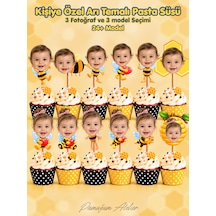 Pamuğum Atelier 12 Adet Kişiye Özel Fotoğraflı Arı Temalı Cupcake Süsü Bebek, Çocuk Doğum Günü Pasta Süsü