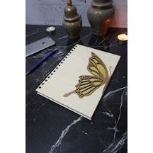 Kelebek Desenli Ahşap Kapaklı Defter - Ajanda - Günlük - Çizgisiz Defter - A5 Notebook