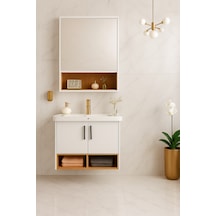 Dmz Home Concept Legna 65 Cm Banyo Dolabı Takımı Beyaz & Ahşap Mdf Seramik Lavabolu Alt Ve Üst Dolap