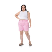 Büyük Beden Beli Yan Ve Arkadan Lastikli Paçası Katlama Detaylı Gabardin Pembe Şort-pembe Pembe