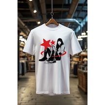 Unisex Retro Streetwear Baskılı Vintage %100 Pamuk Regular Fit Bisiklet Yaka Beyaz T-shirt Beyaz