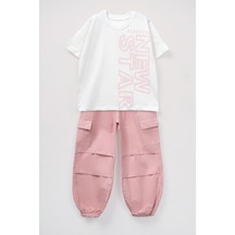 Aden Kids Kaz Tüğü Kumaş Oversize Pantalon İle Kombin Alt Üst Takım Ekru - Somon