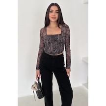Noa & Noa Kadın Paisley Desenli Kare Yaka Bluz Rust Bloom Siyah
